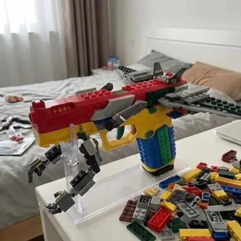 Customer build: a Brick Blaster on its stand with brick-built wings