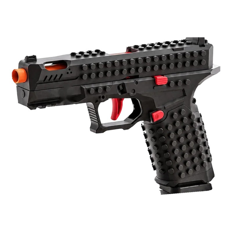 Brick Blaster in Black: black studded slide and grip, red trigger