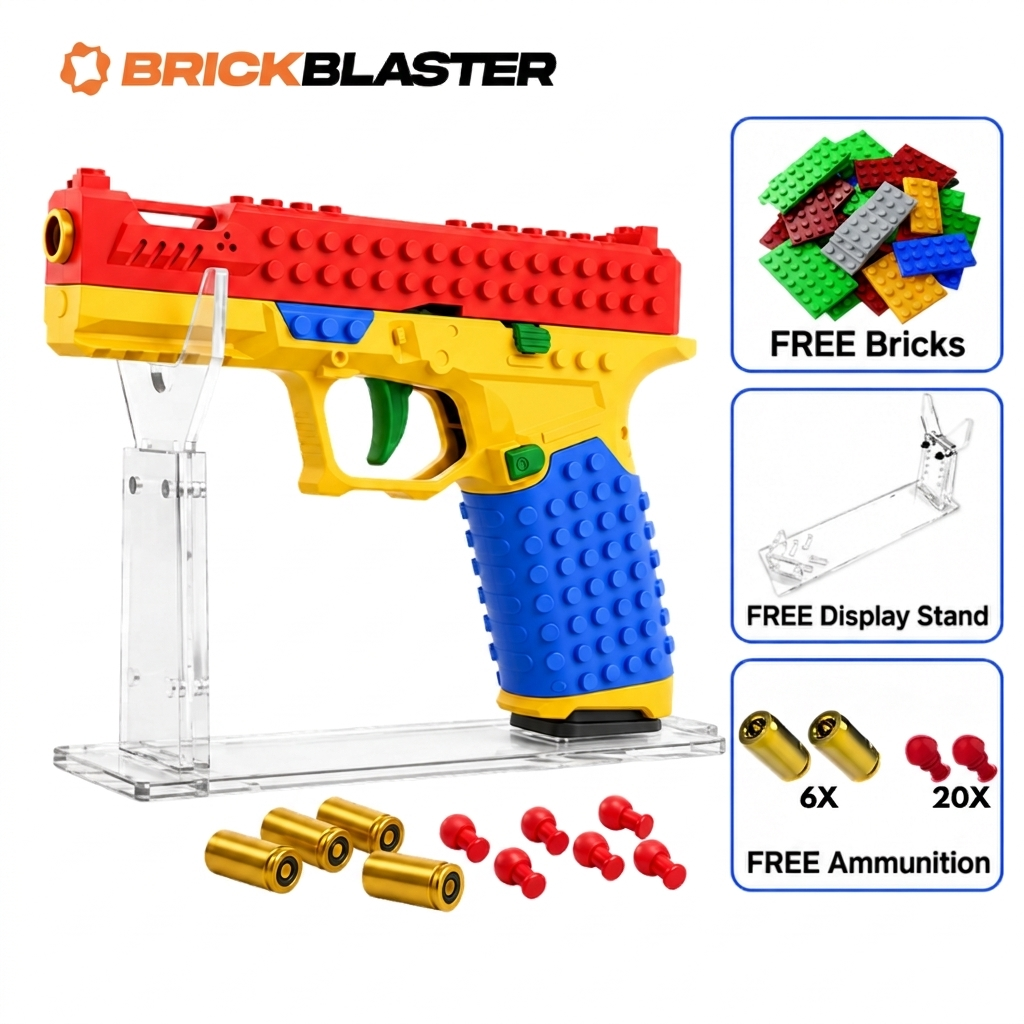 Brick Blaster with free building bricks, display stand, toy darts and shells