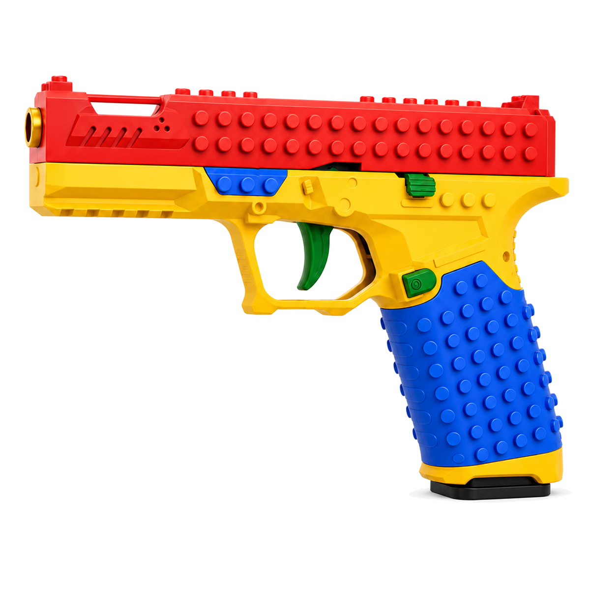 Brick Blaster side view: red slide, yellow frame, blue grip