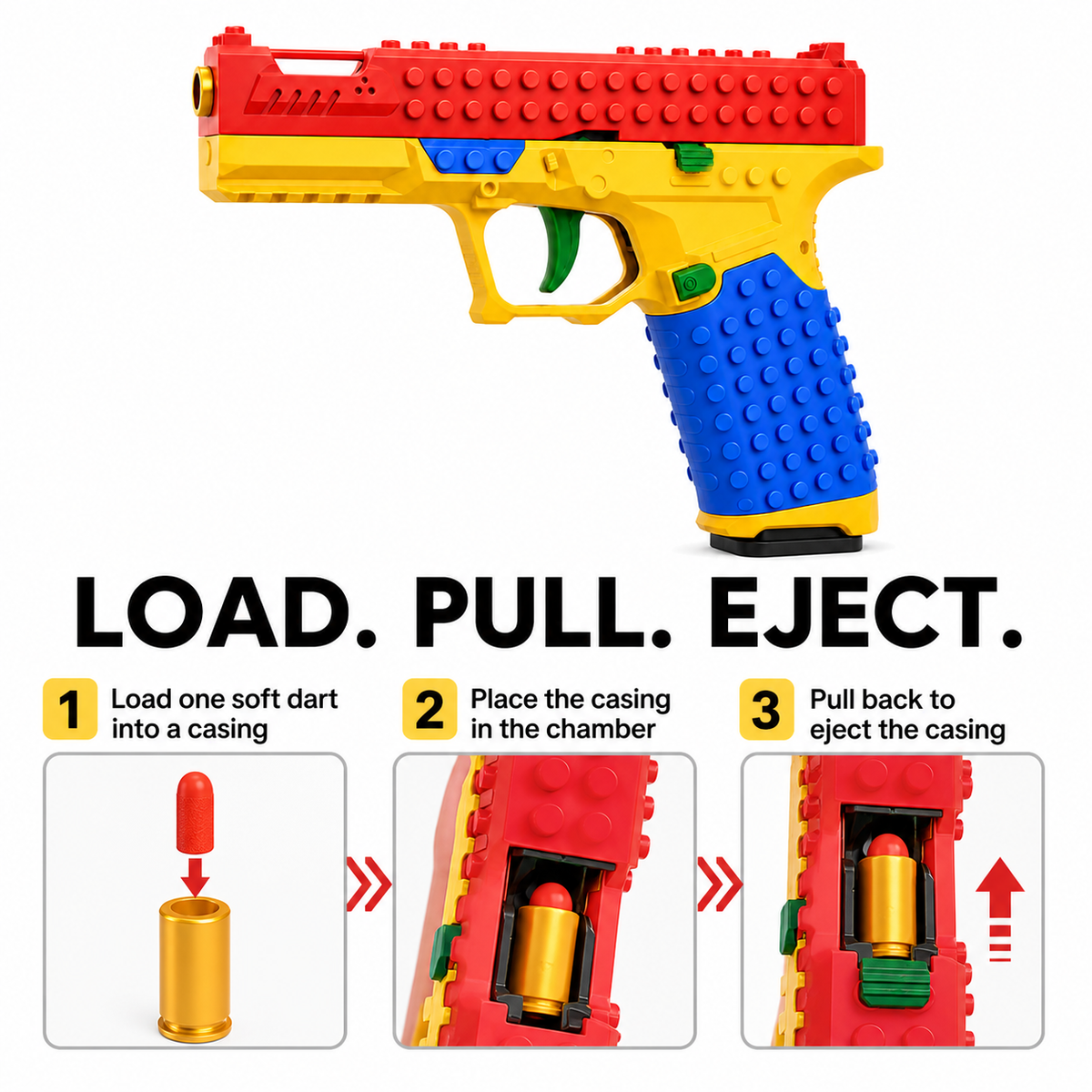Load, pull, eject: dart in the shell, shell in the chamber, pull back and the shell pops out