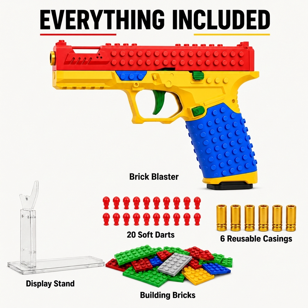 Everything included: Brick Blaster, 20 toy darts, 6 shells, display stand and building bricks