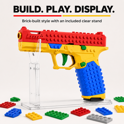 Build, play, display: Brick Blaster on its clear stand with building bricks
