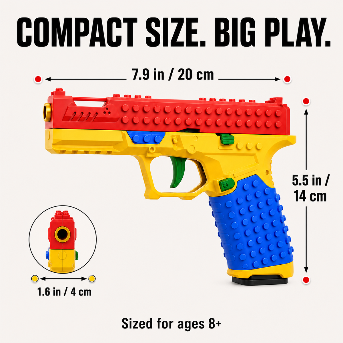 Brick Blaster size: 7.9 in long, 5.5 in tall, 1.6 in wide. Sized for ages 8+