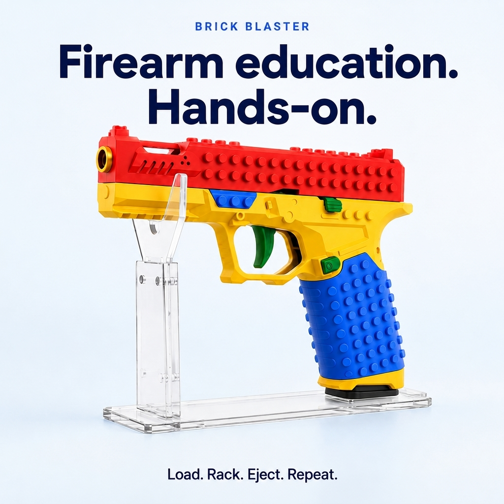 Brick Blaster on its clear display stand. Firearm education, hands-on.