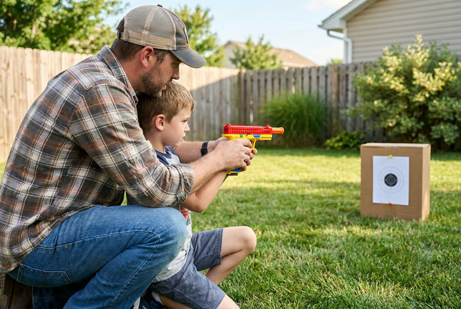 A dad kneels behind his son and helps him aim the bright Brick Blaster at a paper target in the backyard
