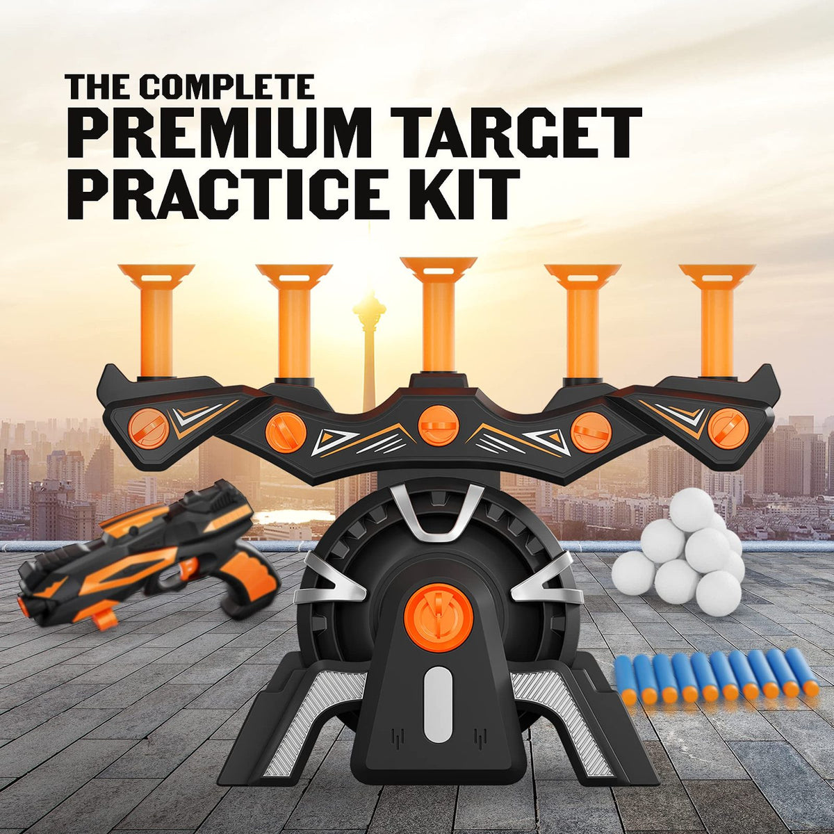 Complete floating target game kit with blaster, foam balls and darts